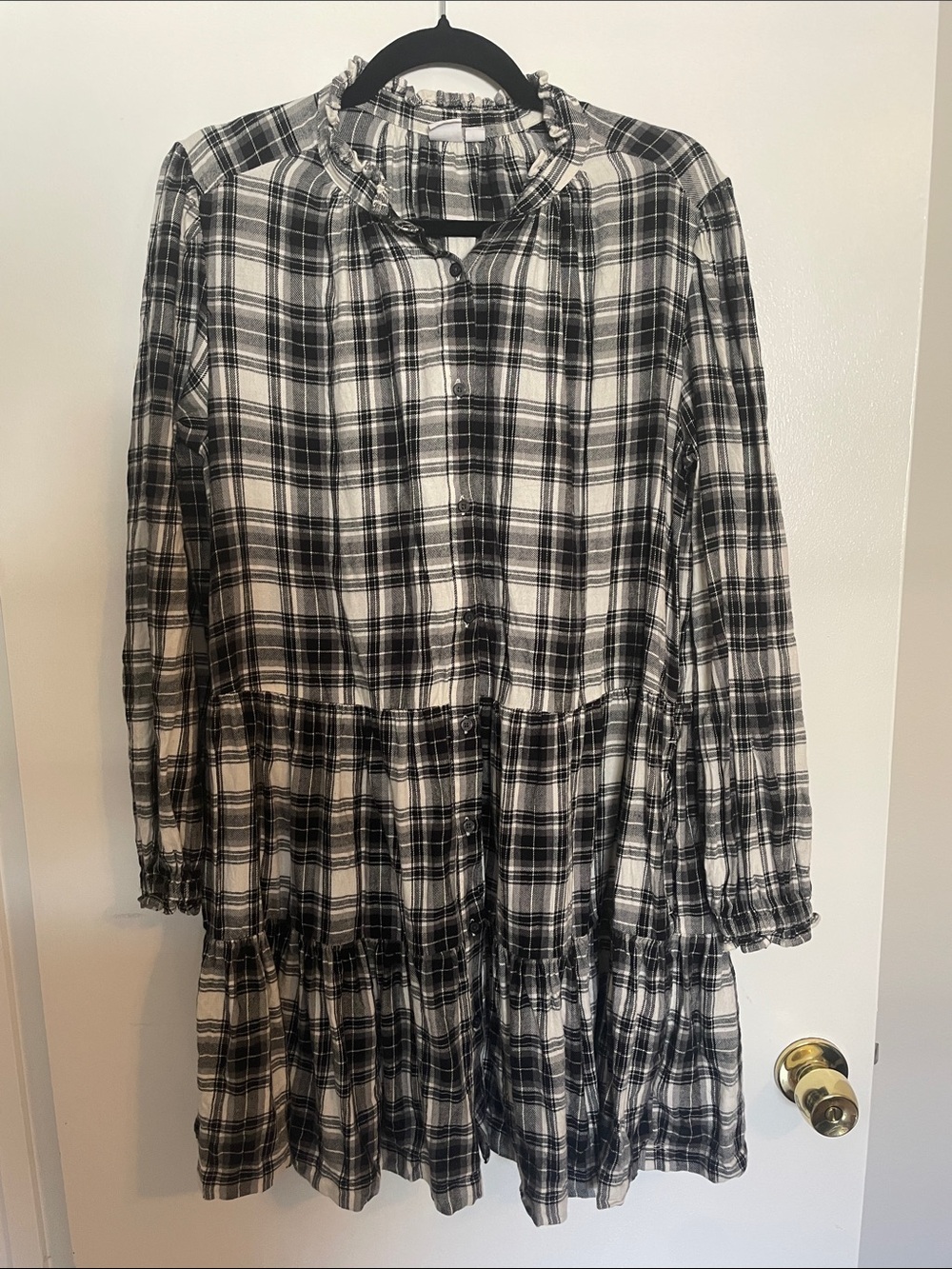GAP Black and White Plaid Tiered Button-Front Dress